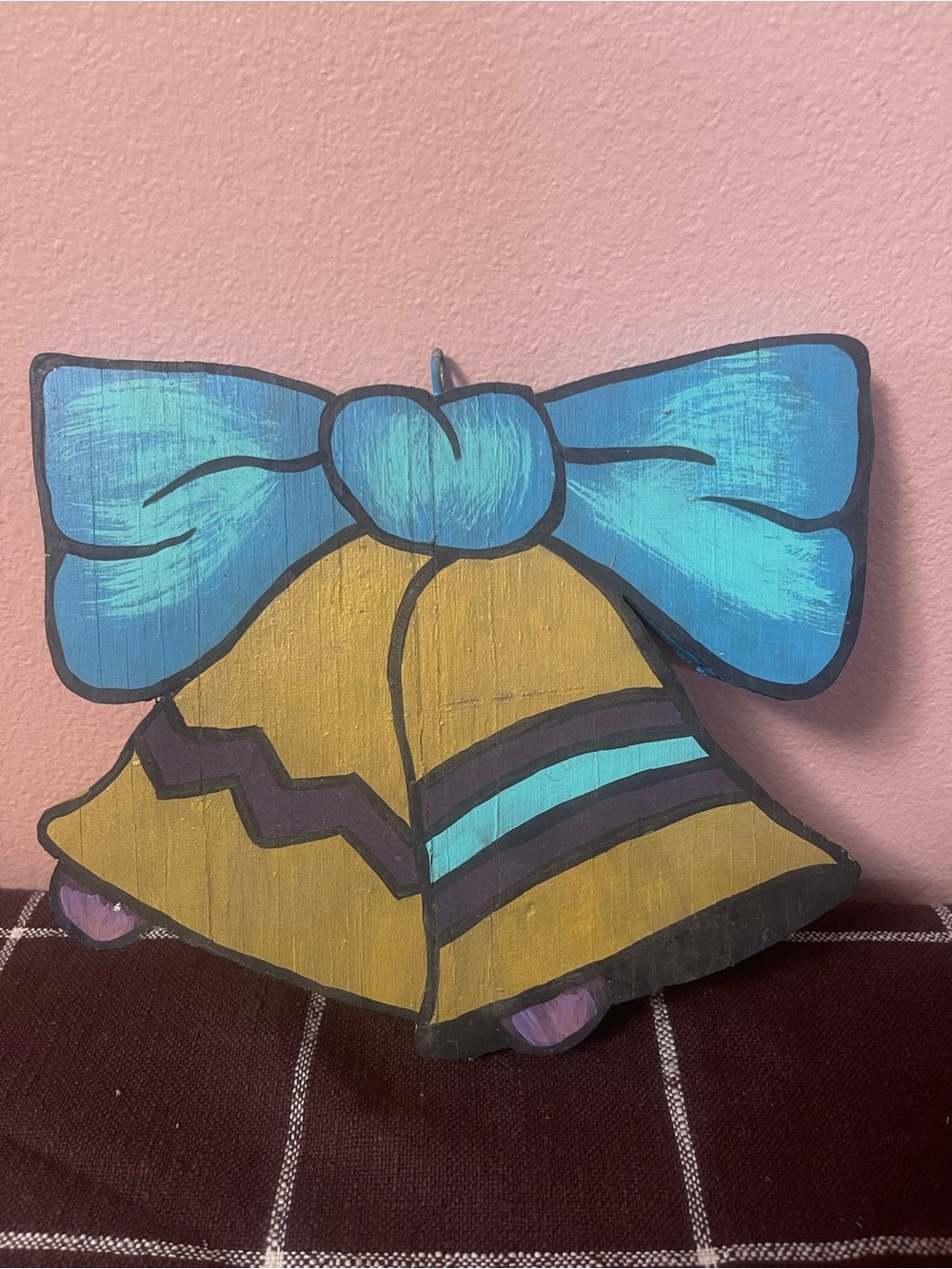 Vintage Hand Carved Wooden Blue Bow Christmas Decoration With Bells